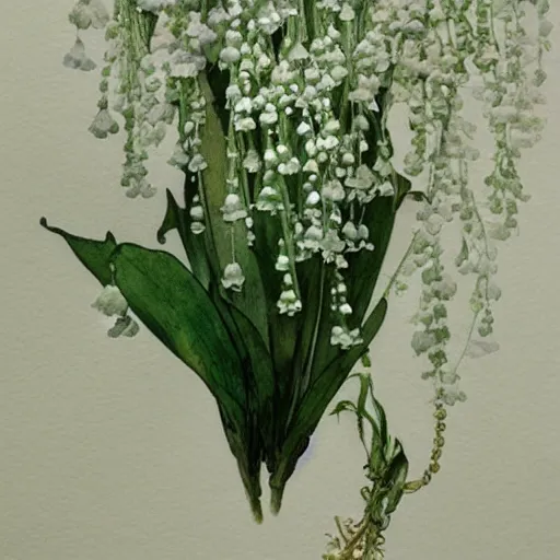 Image similar to a beautifull intricate watercolor painting of lily of the valley, reflexions, verry high details by william turner art, greg rutkowski and alphonse mucha, trending on artstation, very very detailed, masterpiece, - h 7 0 4