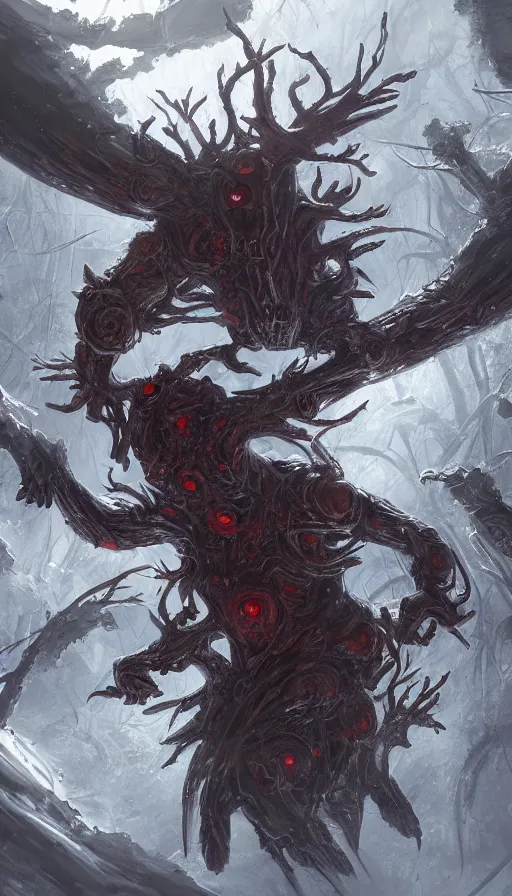 Prompt: astronaut exploring a storm vortex made of many demonic eyes and claws over a forest, by blizzard concept artists