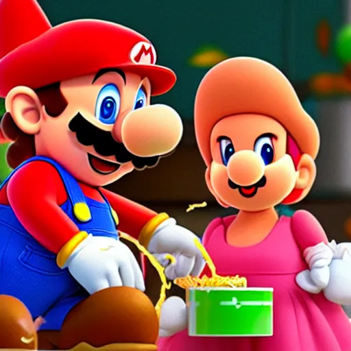 Prompt: Super Mario force-feeding spaghetti to Birdo.