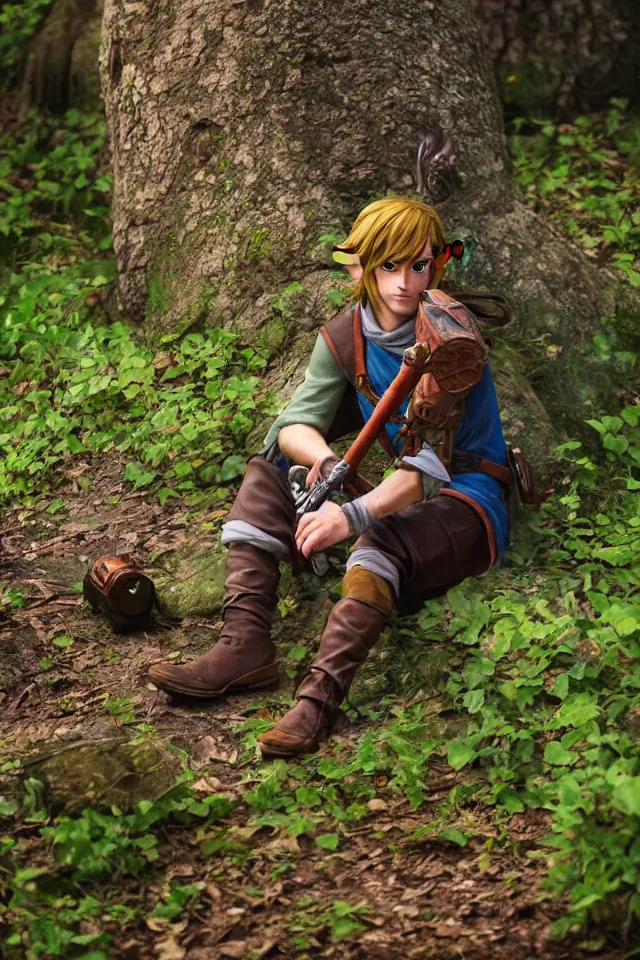 Prompt: close - up portrait of link sitting in woods of hyrule playing ocarina, ultra detailed, hdr, photorealism, cinematic scene, beautiful light