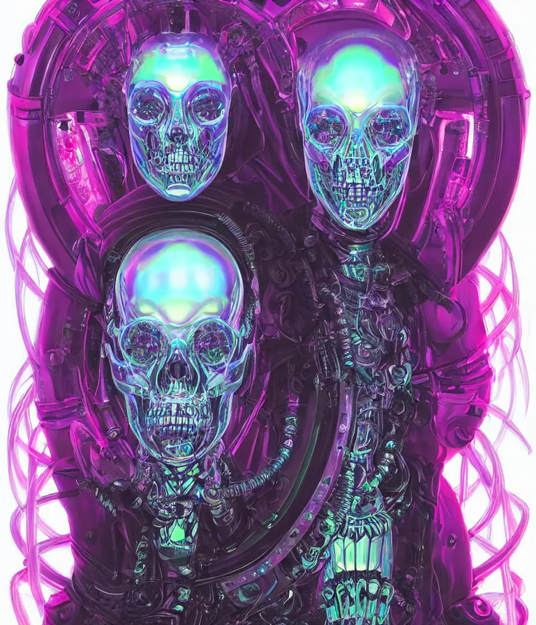Image similar to fully symmetrical centered iridescent portrait of a beautiful princess demon in robe. skulls artificial muscles, ribcage, bones, hard surface modelling. cyberpunk look. biomechanical mask. bio luminescent biomechanical halo around head. neon jellyfish. artwork by jarold Sng by artgerm, by Eddie Mendoza, by Peter mohrbacher by tooth wu, by beeple, unreal engine, octane render, cinematic light, high details, iridescent colors, dichroic, macro, depth of field, blur