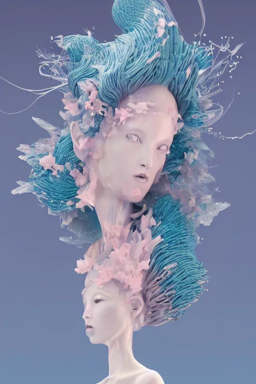 Image similar to an epic non - binary model, subject made of white melting porcelain, mesh headdress, with cerulean and pastel pink bubbles bursting out, delicate, beautiful, intricate, melting into eevee, houdini sidefx, by jeremy mann and ilya kuvshinov, jamie hewlett and ayami kojima, trending on artstation, bold 3 d