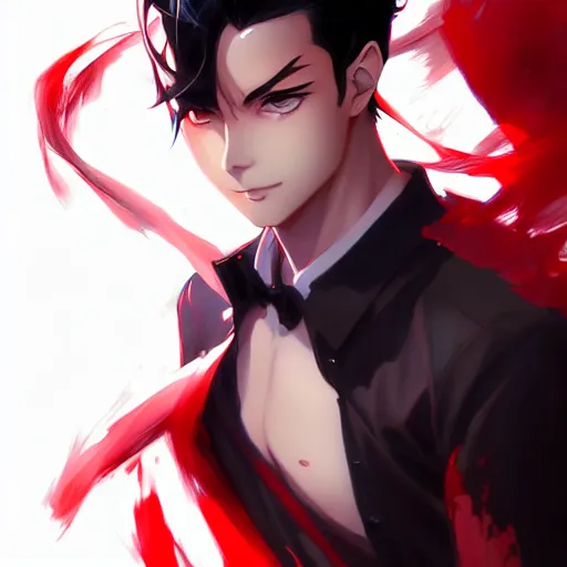 Image similar to anime portrait of a slick black hair guy with red eyes by stanley artgerm lau, wlop, rossdraws, james jean, andrei riabovitchev, marc simonetti, and sakimichan, trending on artstation