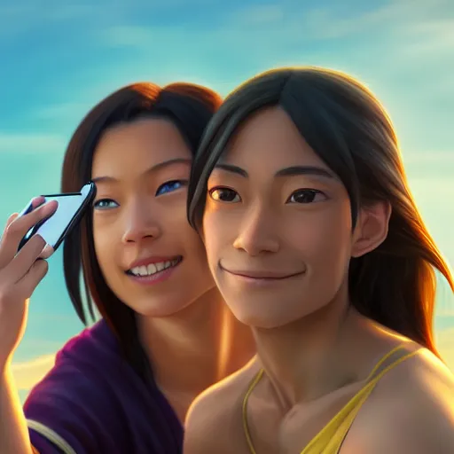 Image similar to beautiful serene intricate portrait of katara and toph beifong taking a selfie, smiling softly, relaxing on the beach, golden hour, soft focus, 8 k, art by irakli nadar, hyperrealism, hyperdetailed, ultra realistic