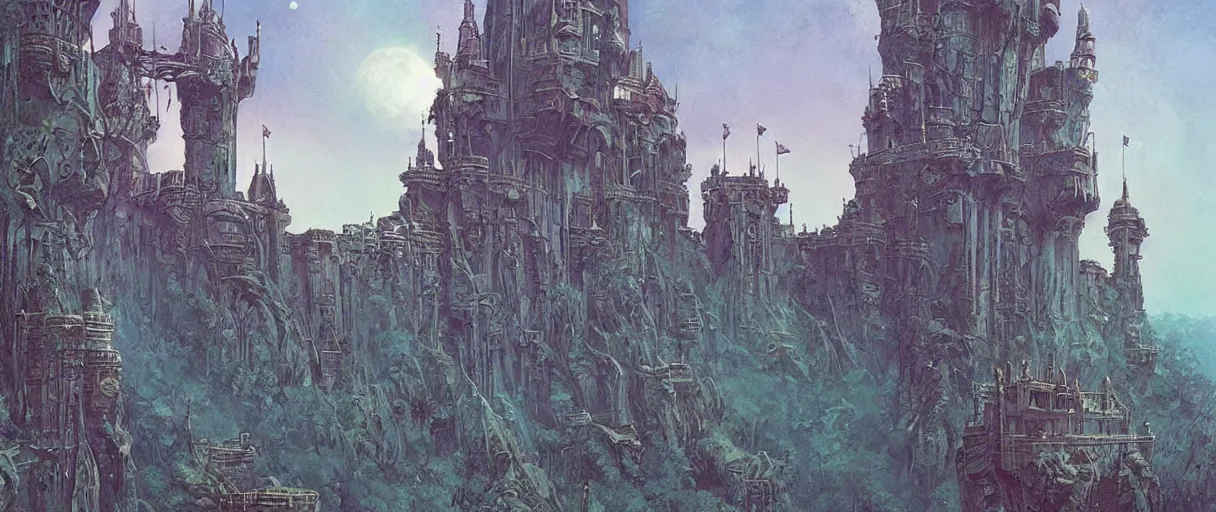 Prompt: A beautiful illustration of a retro futurism castle on another world by Daniel merriam| sparth:.2 | Time white:.3 | Rodney Mathews:.5 | Graphic Novel, Visual Novel, Colored Pencil, Comic Book:.2