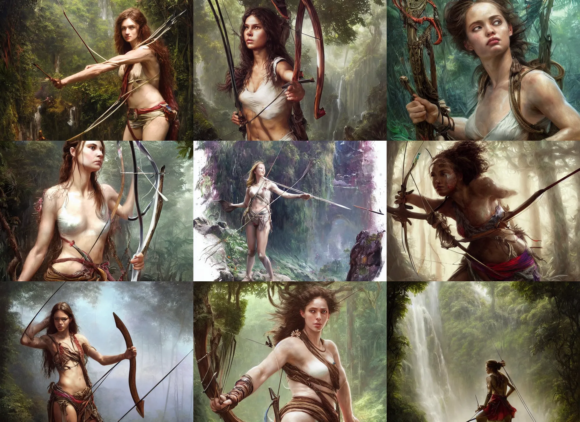 Prompt: artstation concept of beautiful adventurerwoman holding a bow and arrow, sweaty skin, symmetrical face, high face detail, ripped up white garment, rainforest jungle background, shiny colorful, hyperdetailed, artstation trending, world renowned artists, worth1000.com, cgsociety, by greg rutkowski, by Gustave Doré, by Marco Turini, by Artgerm, Deviantart