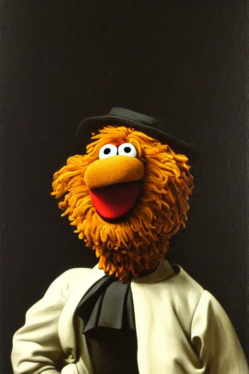 Image similar to a muppet painted by Caravaggio, black background, chiaroscuro