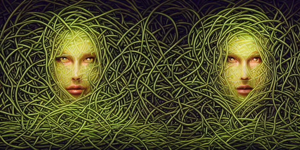 Image similar to a beautiful face with glowing eyes behind a network of extremely thick vines intertwined in the shape of a Celtic knot, central composition, high saturation, epic lighting, in the style of Peter gric and Hannah yata 8k