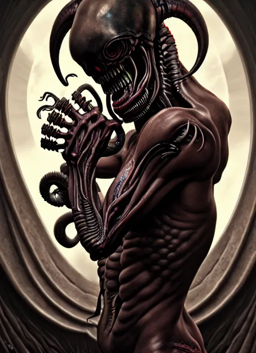 Image similar to ultra realistic, male human xenomorph, dracula, goth, tattoos, leather, fantasy, flesh, bone, body horror, intricate details, eerie, highly detailed, octane render, 8 k, art by artgerm and alphonse mucha and greg rutkowski