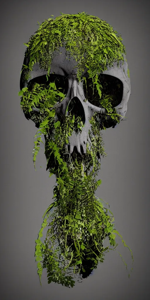 Prompt: abstract overgrown plants skull from a blender render in a lush jungle, nature taking back, highly detailed