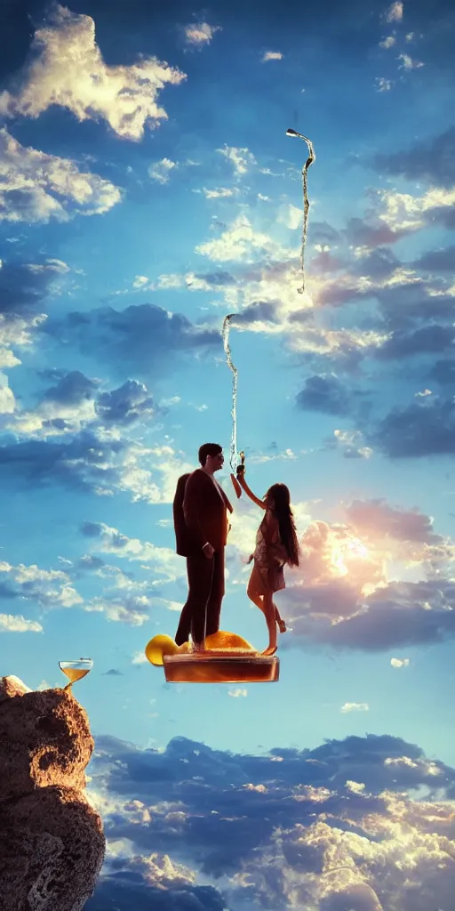 Prompt: a man and a woman floating on a cloud having a drink of Champaign high in the sky above Sint-Marteen and , naive artstation, matte painting, goldenhour, unreal engine