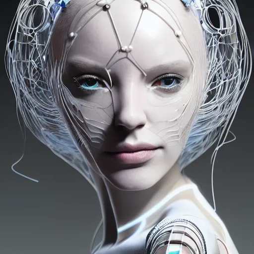 Image similar to portrait of an absurdly beautiful, graceful, sophisticated, fashionable cyberpunk mechanoid gravure idol, ultrafine hyperdetailed illustration by irakli nadar, matt wisniewski style, marvel comics, intricate linework, porcelain skin, neon jellyfish headdress, ivory carved ruff, unreal engine 5 highly rendered, global illumination, radiant light, detailed and intricate environment