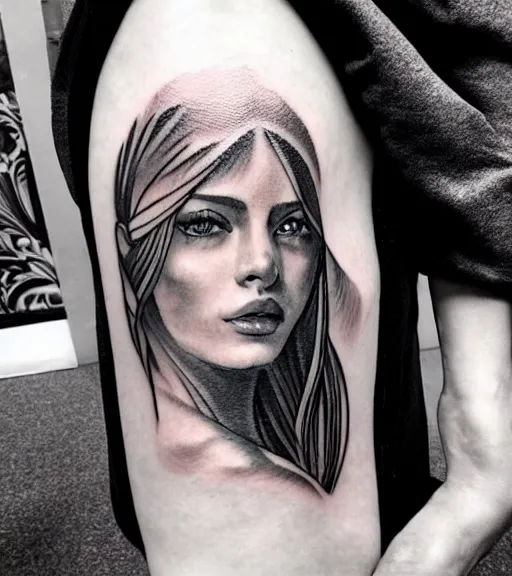 Image similar to tattoo design sketch of a beautiful woman face with a mountain scenery background on her side, hyper - realistic, double exposure, in the style of matteo pasqualin, amazing detail, black and white, faded