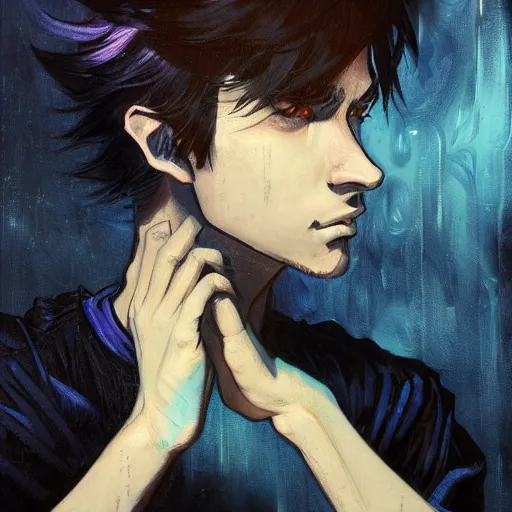 Prompt: 2 d artistic picture of a young man with sharp facial features and anime style hair looking sadly down on his hand, rear facing, only black and blue high contrast colour spectrum, melancholic, allegorical style, by peter mohrbacher, jeremy mann, francoise nielly, van gogh, ross tran, dark and wierd style