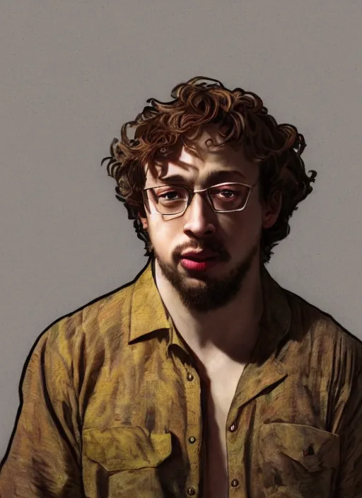 Image similar to Sam Hyde wearing luxuruous hawaiian vintage shirt, rule of thirds, accurately portrayed, portrait art by alphonse mucha and greg rutkowski, highly detailed, digital painting, concept art, illustration, ethereal lighting with twilight rays of sunlight, trending on artstation, very detailed, smooth, sharp focus, octane render, close up