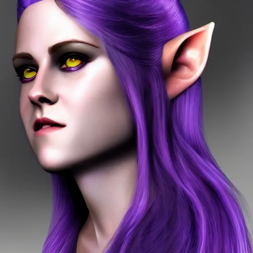 Image similar to Purple skinned Kristen Stewart as a smiling Elf wizard with white hair. majestic purple skin, Photorealistic digital art trending on artstation, artgem, 4k HD.