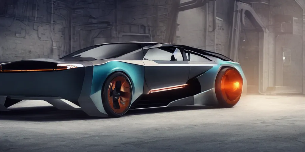 Prompt: a design of a futuristic DMC Delorian, designed by Polestar, blade runner background, back view, copper car paint with dark teal accent detailing, black windows, sportscar, black show room, dramatic lighting, octane rendering, unreal engine rendering, hyper realistic render, depth of field, octane rendering