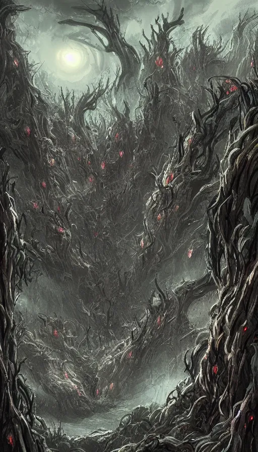 Image similar to a storm vortex made of many demonic eyes and teeth over a forest, by disney concept artists