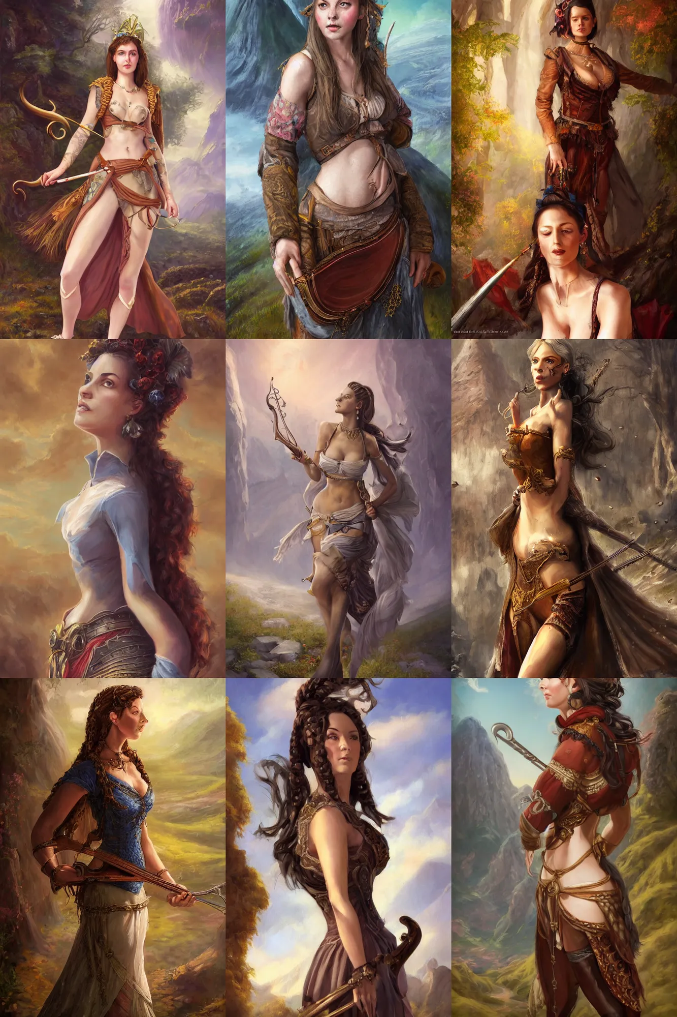 Image similar to a full body high detail fantasy portrait oil painting illustration of a single beautiful sophisticated bard woman by justin sweet with face and body clearly visible, in a scenic background, pupils visible, realistic proportions, d & d, rpg, forgotten realms, artstation trending, high quality, sombre mood, artstation trending, muted colours, entire person visible!