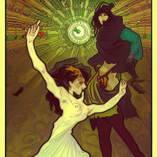 Prompt: a necromancer fighting another warlock with magic, epic , Grim fantasy, illustration , concept art, Alphonse Mucha style,