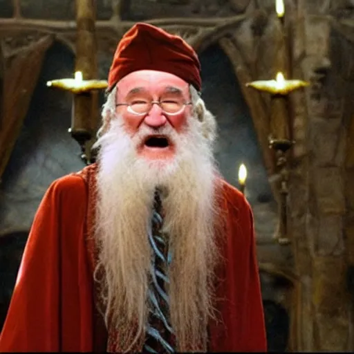 Image similar to Robin Williams playing Dumbledore in Harry Potter, screenshot