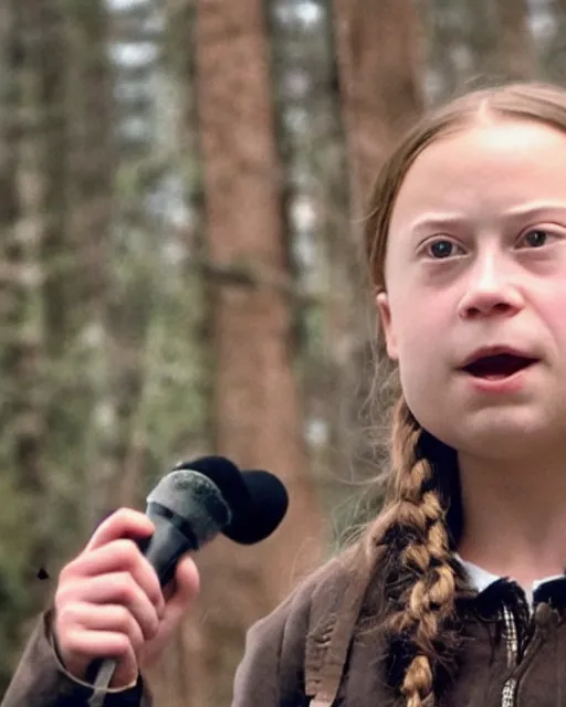 Prompt: film still close - up shot of greta thunberg giving a speech from the movie brokeback mountain. photographic, photography