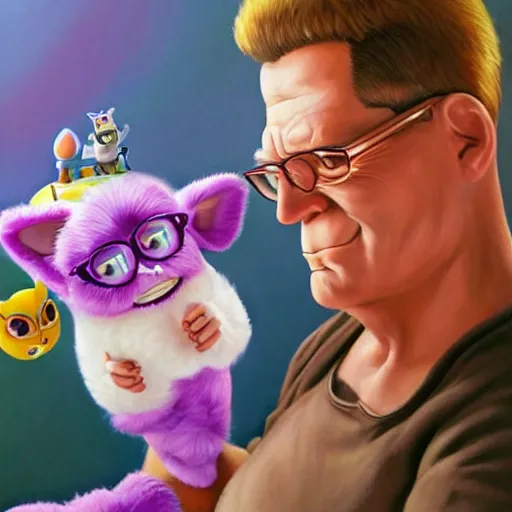 Image similar to hank hill fighting a furby to the death oil painting, cgsociety