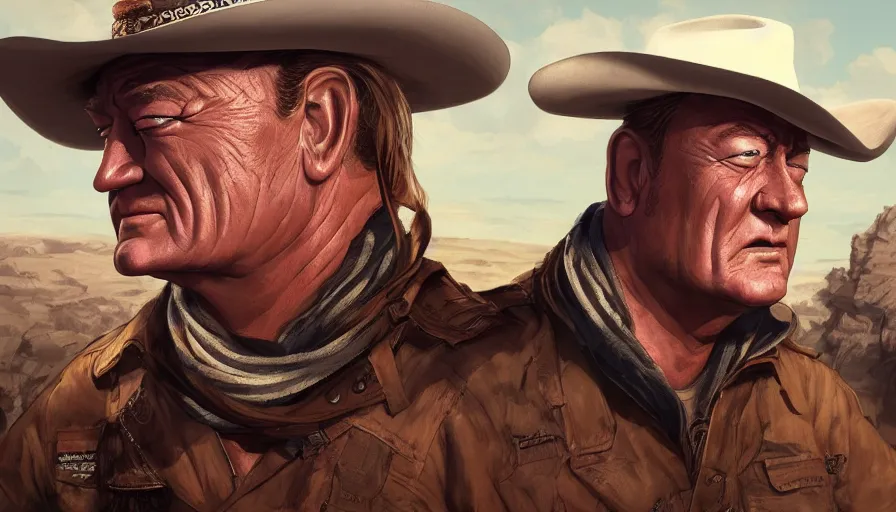 Image similar to John Wayne, cartoon effect, wide view, hyperdetailed, artstation, cgsociety, 8k