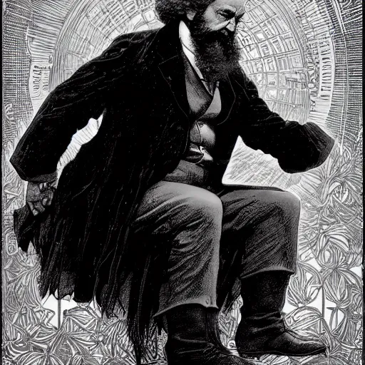 Image similar to Karl Marx pondering his orb, highly detailed, digital painting, artstation, concept art, smooth, sharp focus, illustration, art by todd lockwood and magalie villeneuve and alan lee and artgerm and greg rutkowski and alphonse mucha