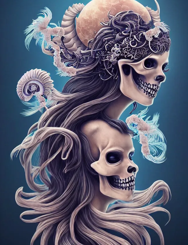 Image similar to 3 d goddess skull half - turn portrait with long hair with ram skull. beautiful intricately detailed japanese crow kitsune mask and clasical japanese kimono. betta fish, jellyfish phoenix, bio luminescent, plasma, ice, water, wind, creature, artwork by tooth wu and wlop and beeple and greg rutkowski