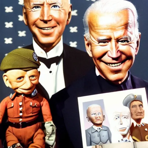 Image similar to UHD candid color photo of (Klaus Schwab in Nazi uniform) holding a (Joe Biden ventriloquist dummy), accurate faces, UHD, photorealistic, correct face, photo by Annie Leibowitz