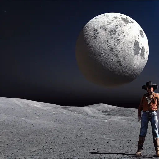 Prompt: cowboy standing on the moon, planet earth background, photorealistic, octane render, blender render, unreal engine, 3 5 mm
