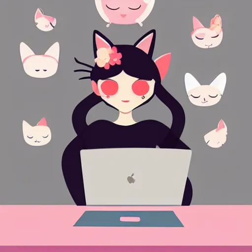Prompt: cute woman wearing tank top and cat ears plays on computer, digital art