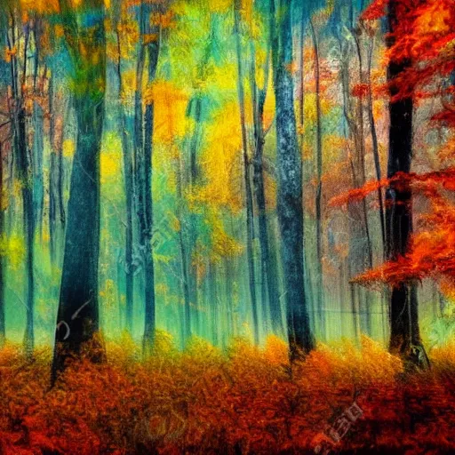 Prompt: A forest in the autumn, Impressionist Noir