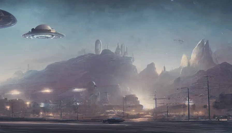 Prompt: a beautiful matte painting of a flying science fiction space ship over the old soviet city simon stalenhag and alan bean, trending on artstation, realistic rendering