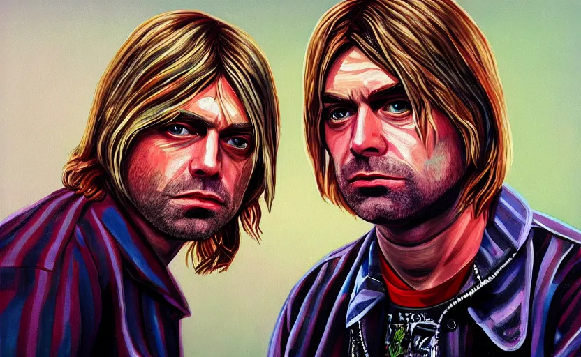 Image similar to kurt cobain in gta v covert art painted by stephen bliss, centered, uncropped, full body, symmetrical face, crispy, trending on artstation, deviantart