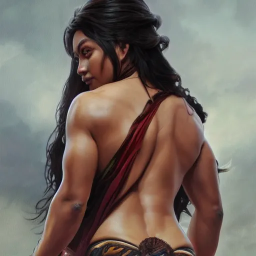 Prompt: painting of a muscular dark nepali female lower body from behind, big eyes, fat, ultra realistic, concept art, intricate details, eerie, highly detailed, photorealistic, octane render, 8 k, unreal engine. art by artgerm and greg rutkowski and alphonse mucha