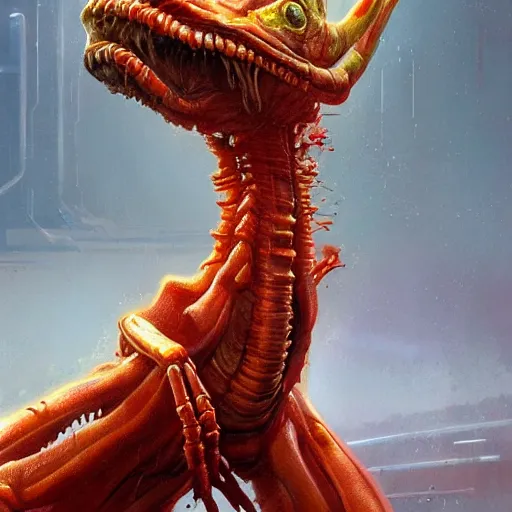 Image similar to scifi art by Greg Rutkowski, hideous monster made of twisted human flesh and reddish ooze, lumpy bloated upper body with elongated, thin limbs like a mantis, small head like a ball with two empty holes for eyes, only human beings are its legs, vicious appearance, scifi, space horror, digital painting, artstation, concept art, smooth, sharp foccus ilustration, Artstation HQ.