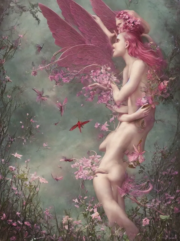 Image similar to one pink fairy with large wings exploring her lonely flower garden by herself in the style of tom bagshaw, extremely detailed, muted colors