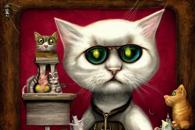 Image similar to old wizard cat painting, 3 d highly detailed, in the style of mark ryden