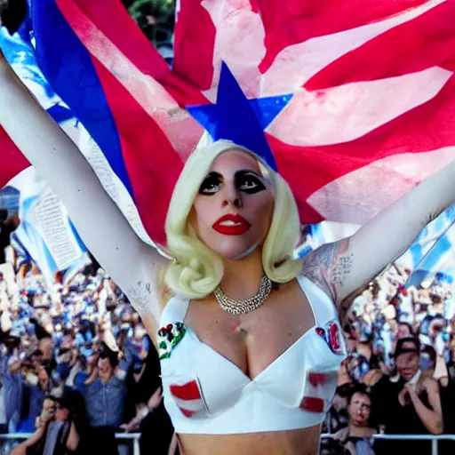 Image similar to Lady Gaga as Evita, Argentina presidential rally, Argentine flags behind, bokeh, epic photo, detailed face, Argentina