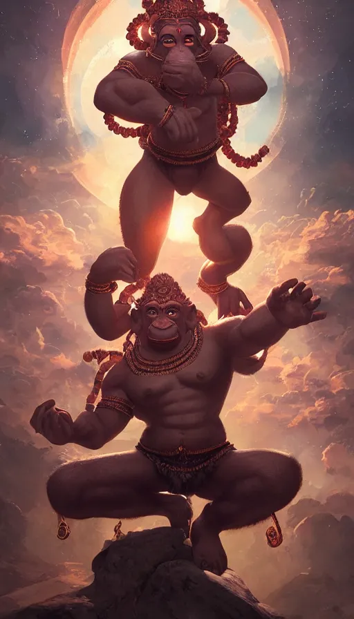 Image similar to techno artwork, with unreal engine. hanuman gets together with the gods against the background of the universe. highly detailed, volumetric lighting, sharp focus, bokeh, trending on art station, digital painting by wlop, rossdraws, artgerm.