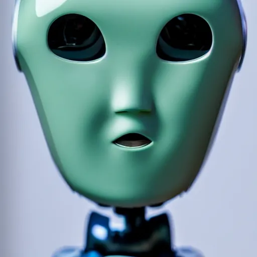 Image similar to minimalist photography portrait of a female porcelain robot with a tiny mouth, no lips, symmetrical, super close up, mid thirties, cute round green slanted eyes, porcelain skin, wide nostrils, chubby cheeks, high flat eyebrows, ethereal essence, angelic, leica 1 0 0 mm f 0. 8