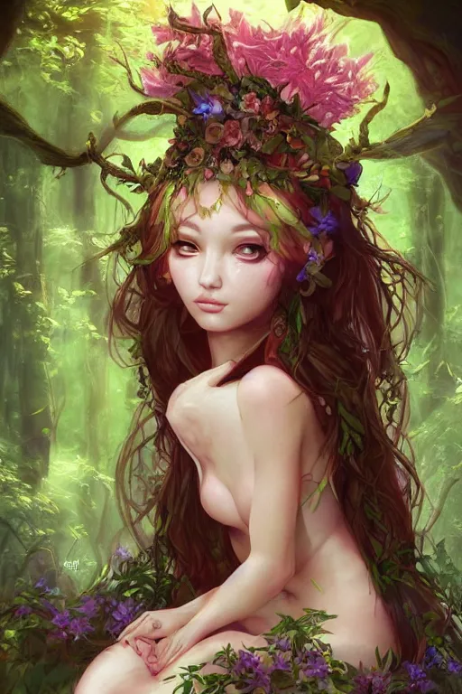 Image similar to portrait of a magical nymph druid in the forest wearing a magical flower dress, full body shot, highly detailed dramatic lighting fantasy artstation artgerm