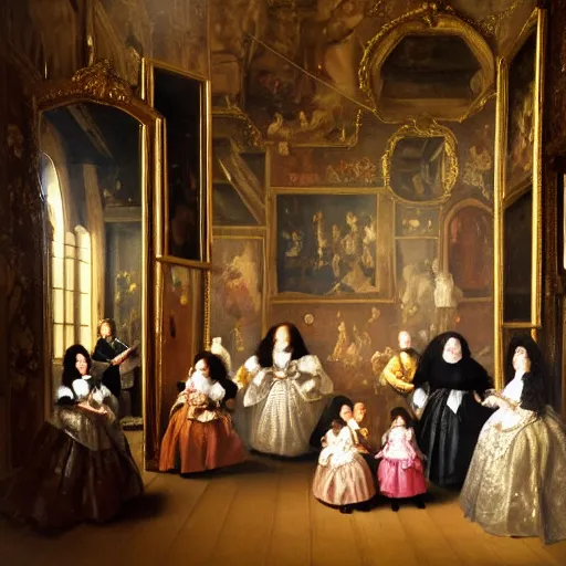 Prompt: super quality family portrait in the main room of the castle painted in 1 6 5 6, dark room, one point of light coming through the window inspired by las meninas, clear spaces between each subject and good detail and realistic eyes, faces for each person in the canva, inspired by diego velasquez baroque style, hdr