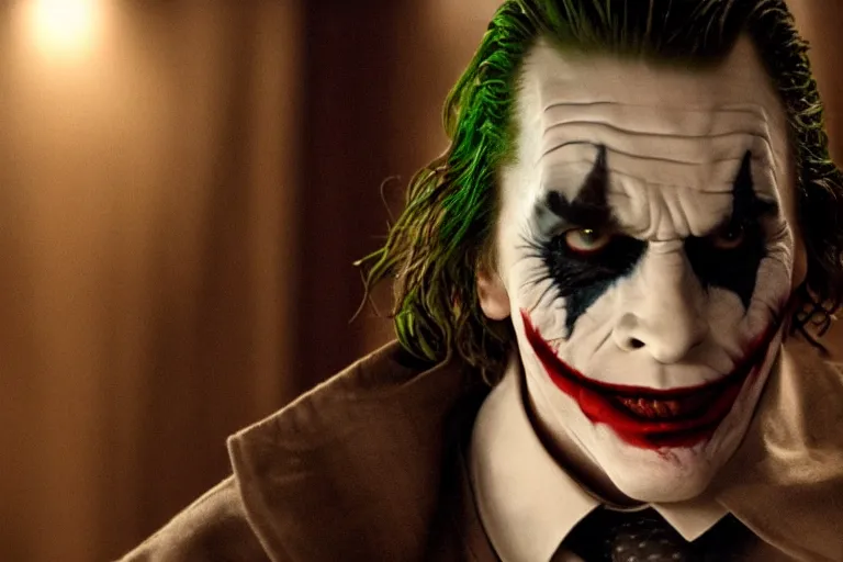 Image similar to cinematic shot of Christian Bale playing the Joker in Dark Knight