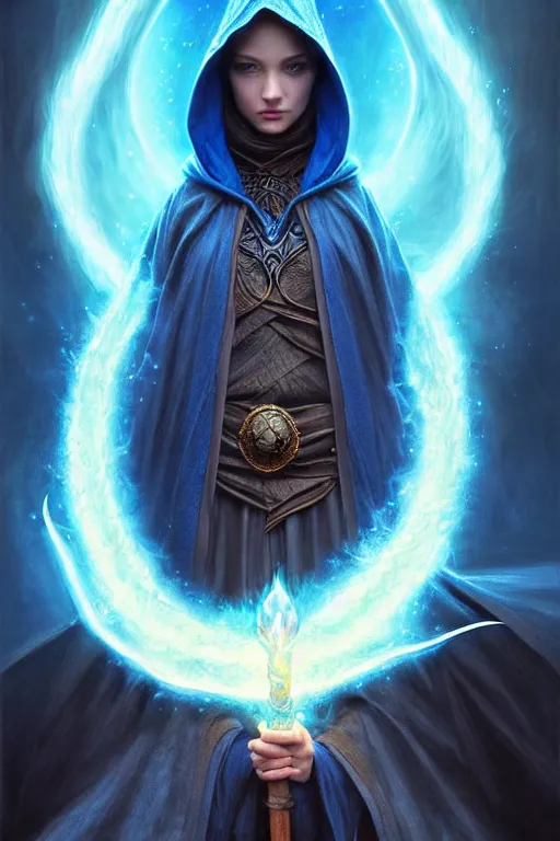 Prompt: Front portrait of a hooded mage hold a blue fire and detailed staff, full body, fine art, awesome fantasy book cover on Pinterest, award winning, dark fantasy landscape, fantasy magic, intricate, elegant, sharp focus, cinematic lighting, highly detailed, digital painting, concept art, art by WLOP and Artgerm and Greg Rutkowski, masterpiece, trending on artstation, 8K