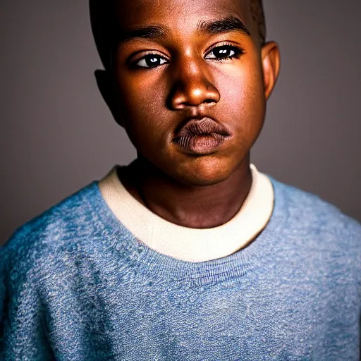 Prompt: the face of young kanye west at 1 3 years old, portrait by julia cameron, chiaroscuro lighting, shallow depth of field, 8 0 mm, f 1. 8