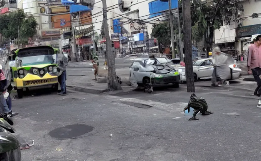 Prompt: a giant frog in the streets of mexico city, cctv footage