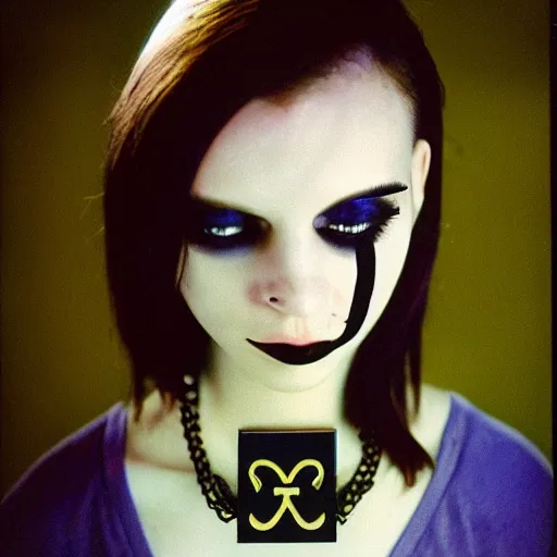 Image similar to medium shot, color slide Kodak Ektachrome E100, studio photographic portrait of Death as a young, attractive, gorgeous, friendly, amicable, pale, porcelain looking skin, goth, girl around 20 years old, wears a Ankh Necklace, casual black clothes, golden hour, Nikon camera, 75mm lens, f/2.8 aperture, HD, hi-res, hi resolution, deep depth of field, sharp focus, rich deep moody colors, masterpiece image, intricate, realistic, elegant, highly detailed, Shutterstock, Curated Collections, Sony World Photography Awards, Pinterest, by Annie Leibovitz